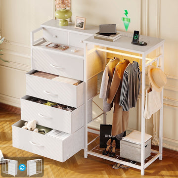 Bedroom Dresser with Clothes Rack, Charging and LED Lights