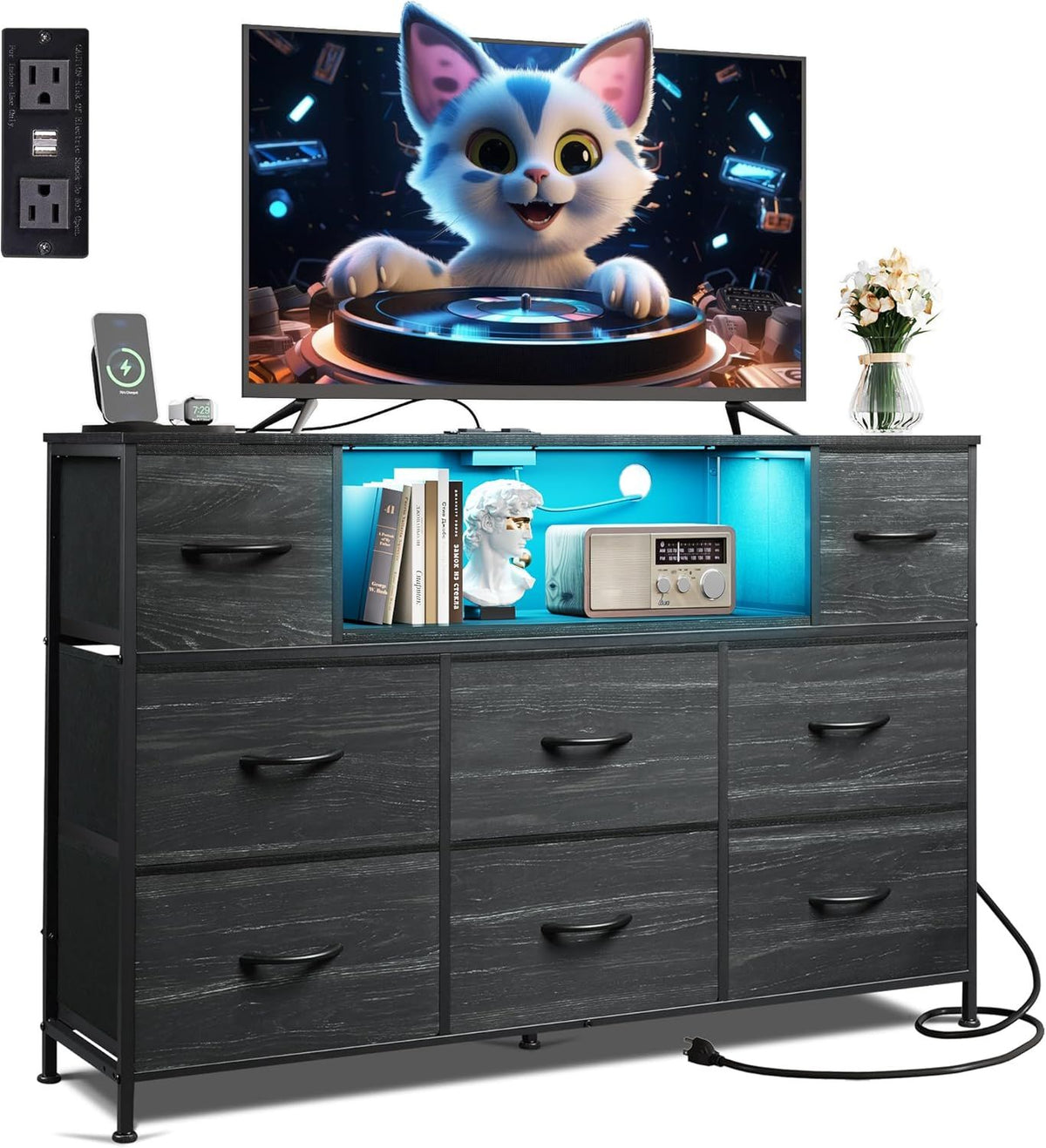 LED Entertainment Center with Charging and Drawer Storage