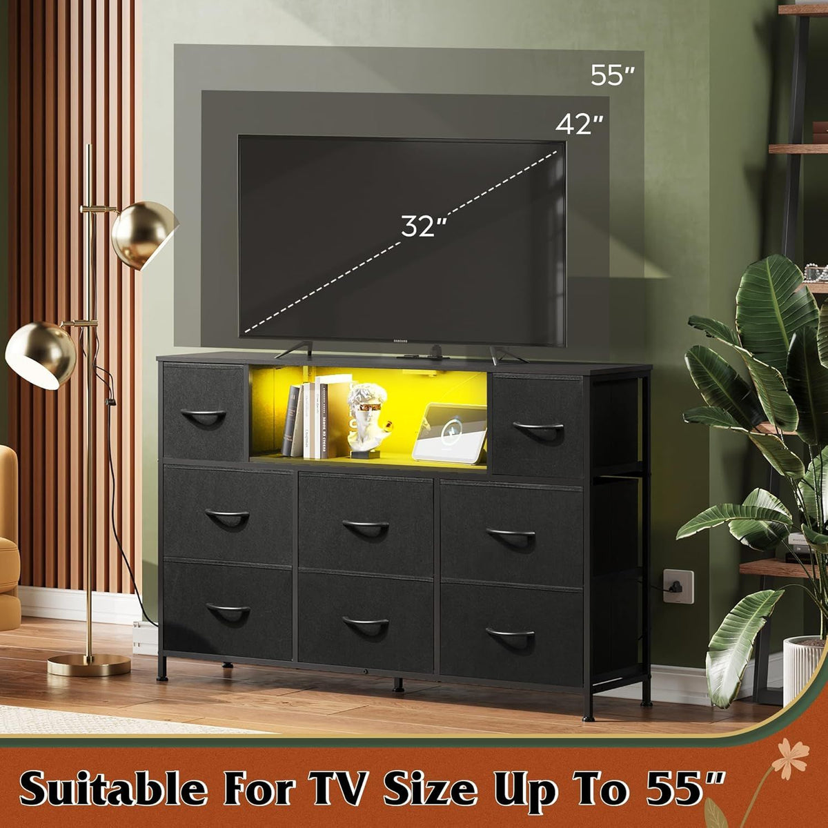 LED Entertainment Center with Charging and Drawer Storage