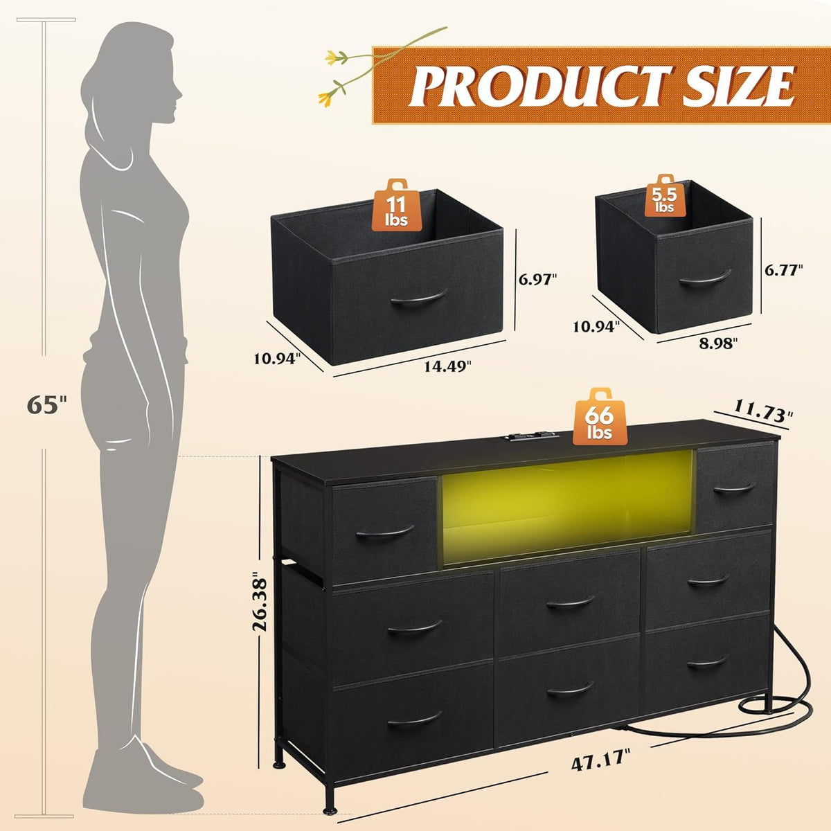 LED Entertainment Center with Charging and Drawer Storage
