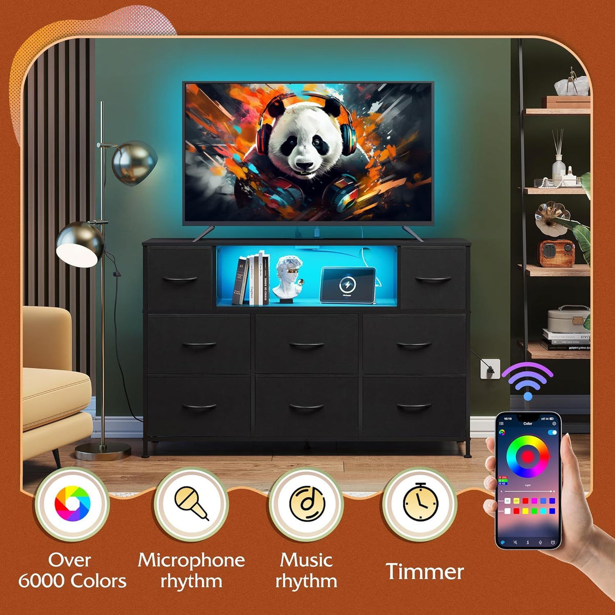 LED Entertainment Center with Charging and Drawer Storage