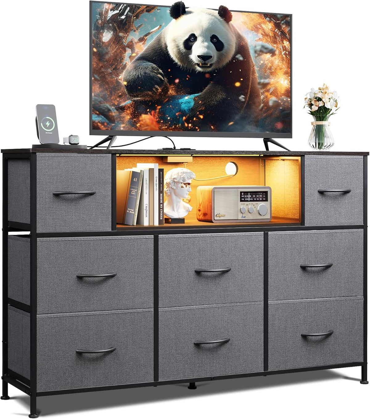 LED Entertainment Center with Charging and Drawer Storage