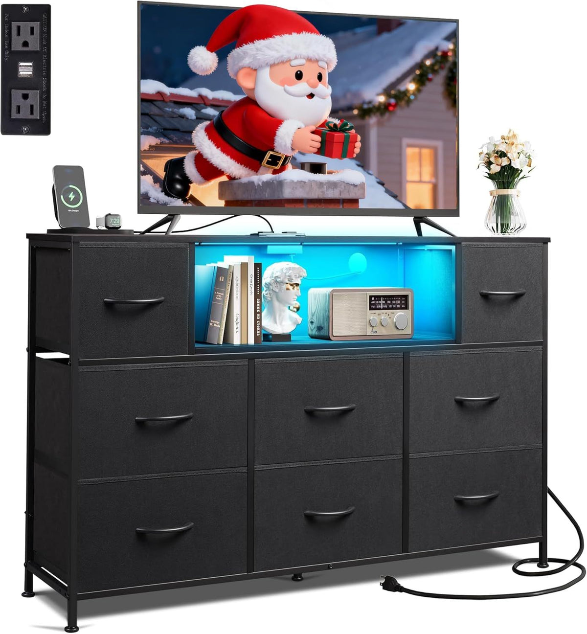 LED Entertainment Center with Charging and Drawer Storage