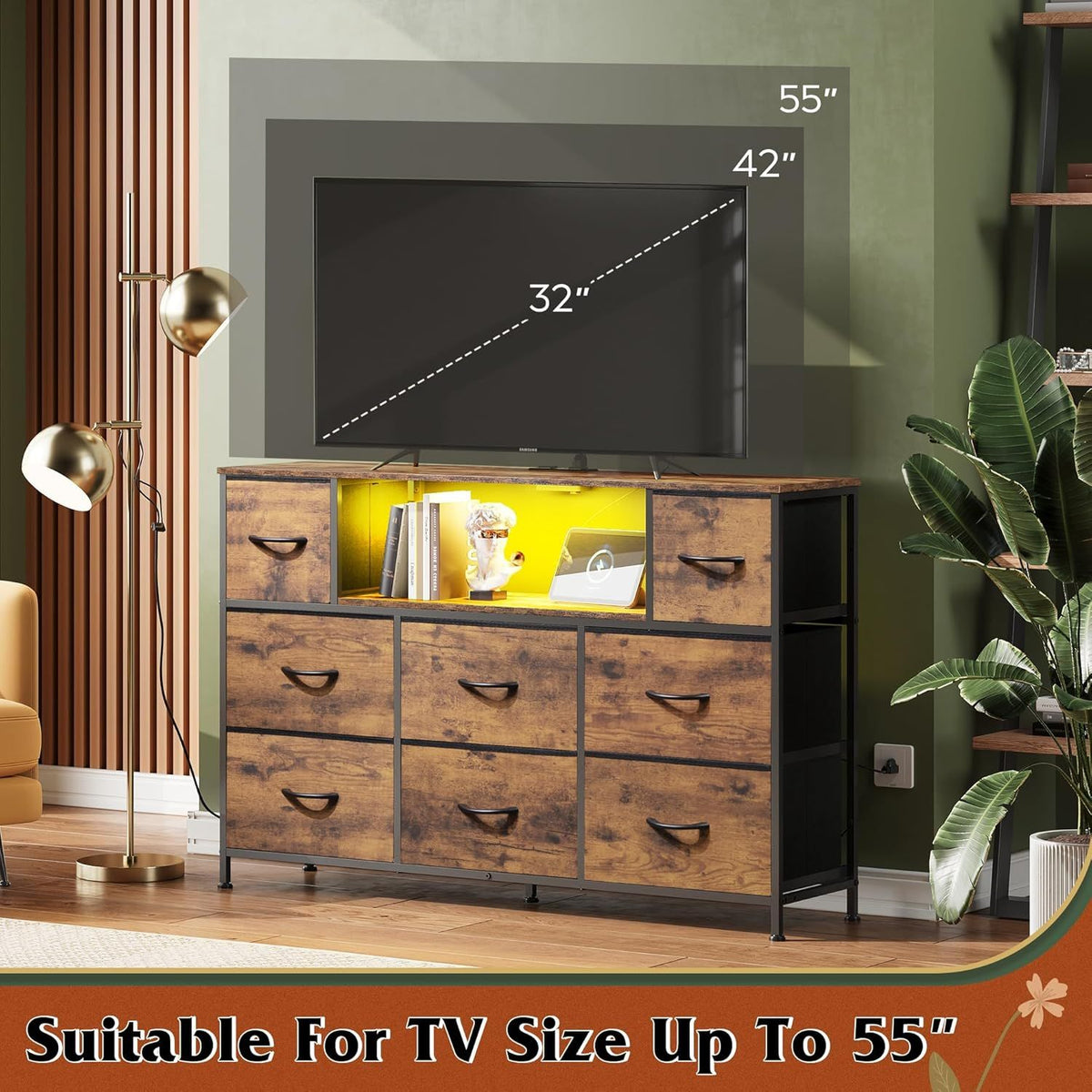 LED Entertainment Center with Charging and Drawer Storage