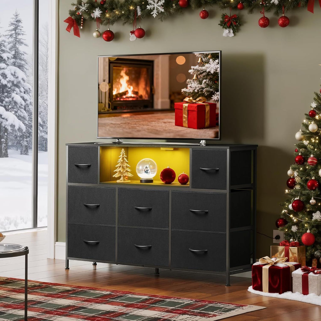 LED Entertainment Center with Charging and Drawer Storage