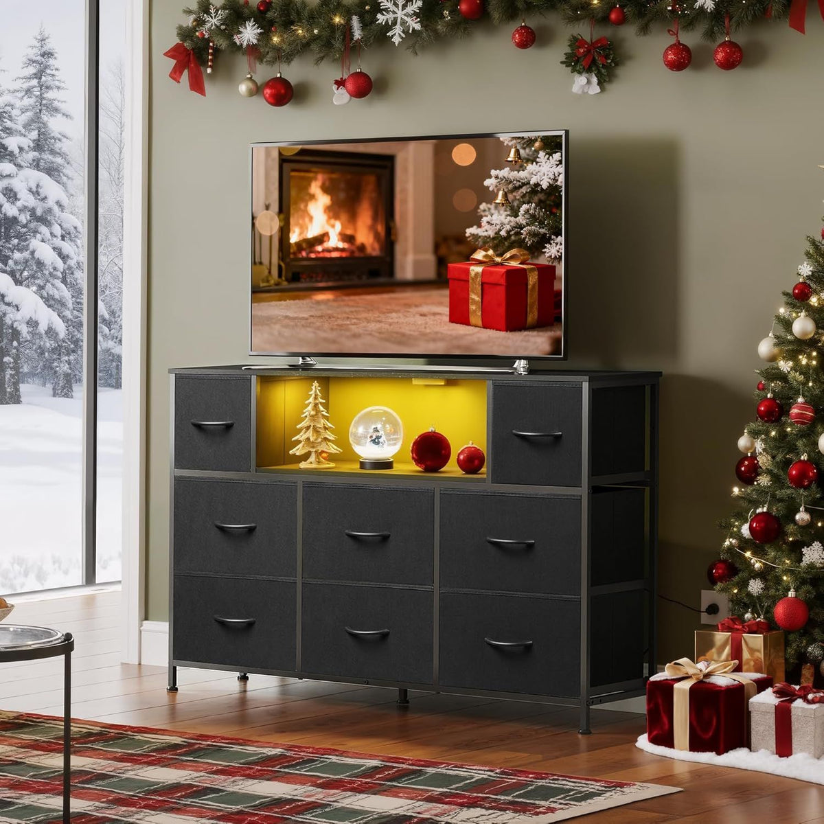 LED Entertainment Center with Charging and Drawer Storage