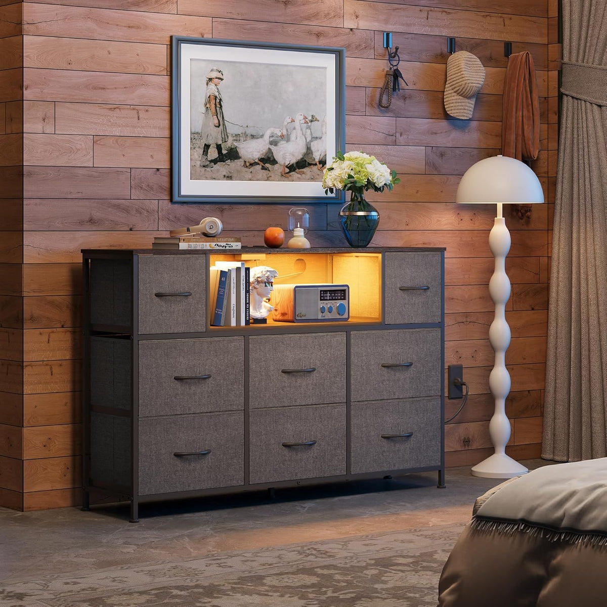LED Entertainment Center with Charging and Drawer Storage