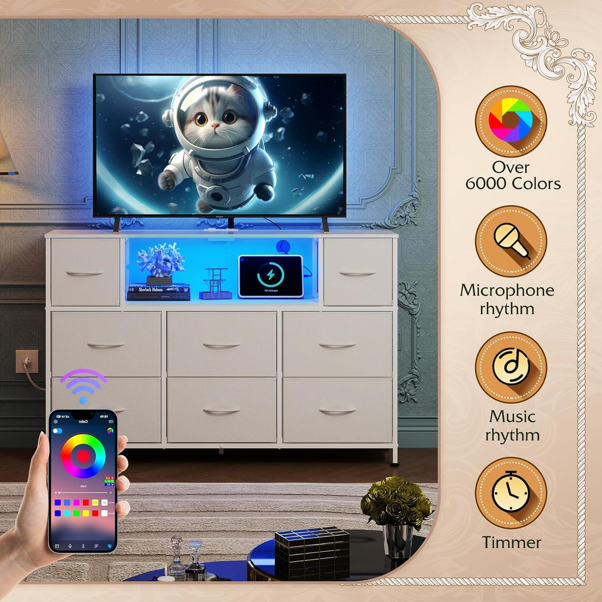 LED Entertainment Center with Charging and Drawer Storage