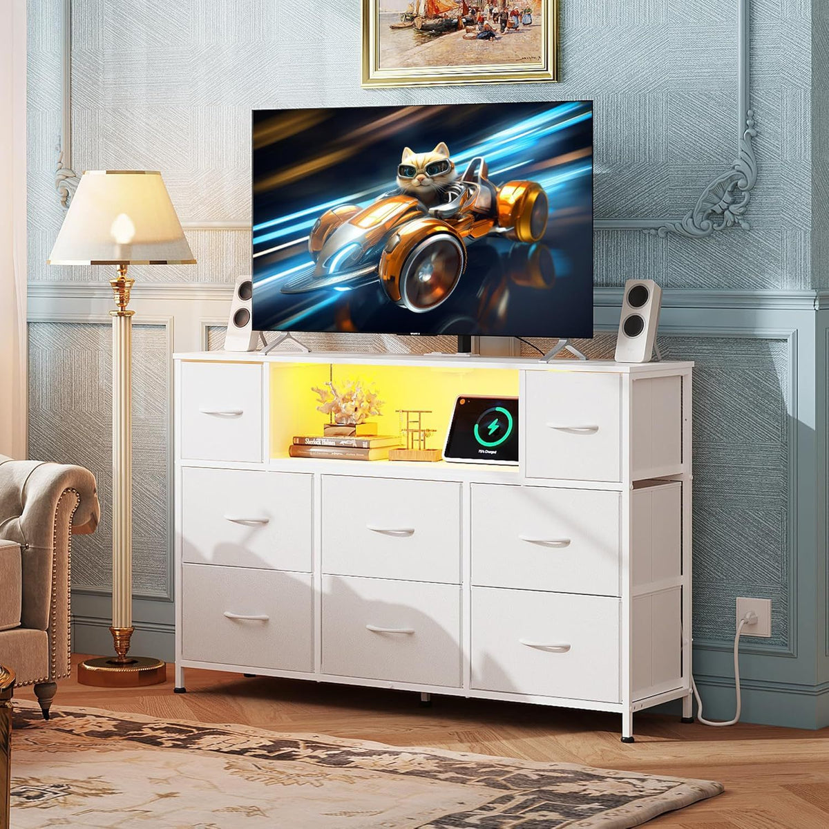 LED Entertainment Center with Charging and Drawer Storage