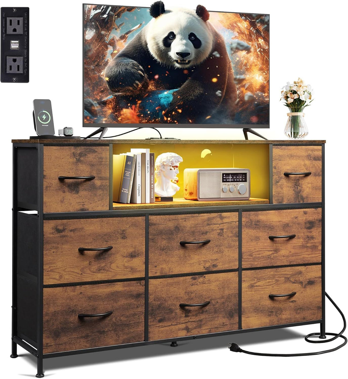 LED Entertainment Center with Charging and Drawer Storage