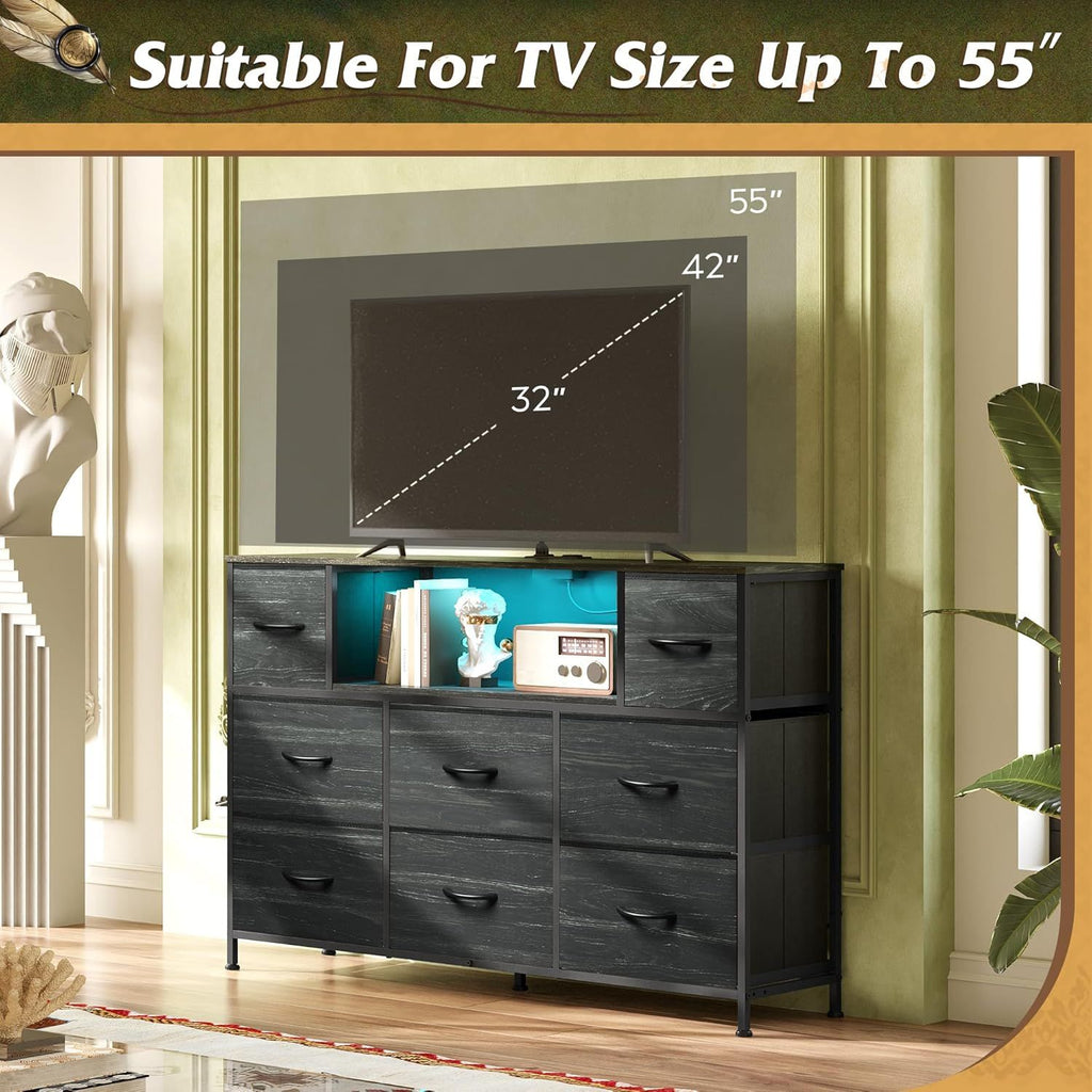 LED Entertainment Center with Charging and Drawer Storage