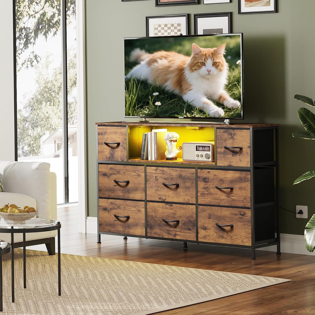 LED Entertainment Center with Charging and Drawer Storage
