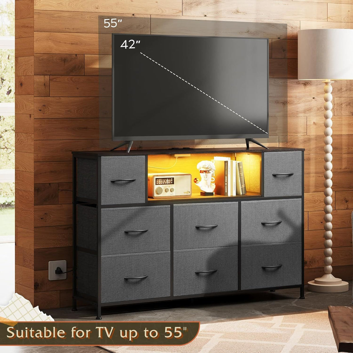 LED Entertainment Center with Charging and Drawer Storage