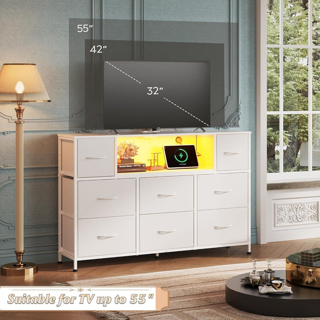 LED Entertainment Center with Charging and Drawer Storage
