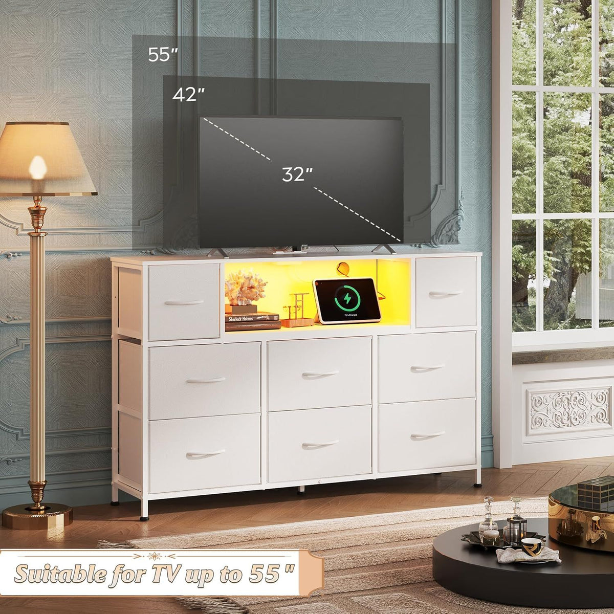 LED Entertainment Center with Charging and Drawer Storage
