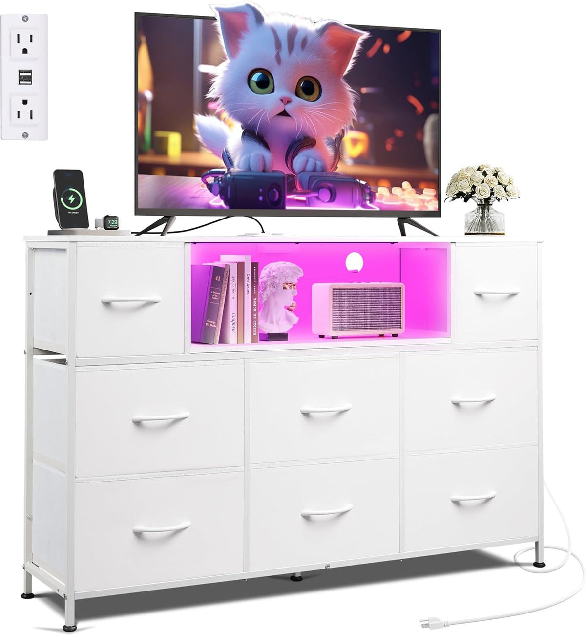 LED Entertainment Center with Charging and Drawer Storage