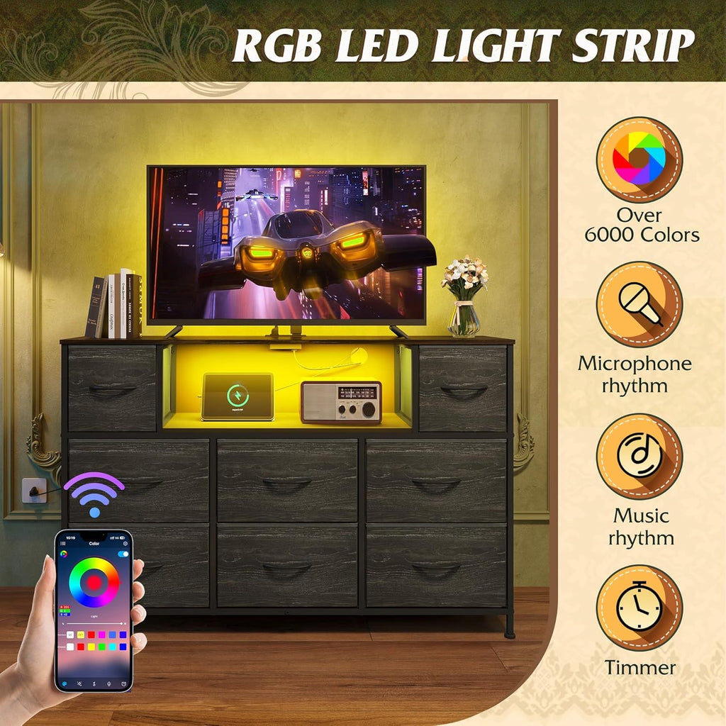 LED Entertainment Center with Charging and Drawer Storage