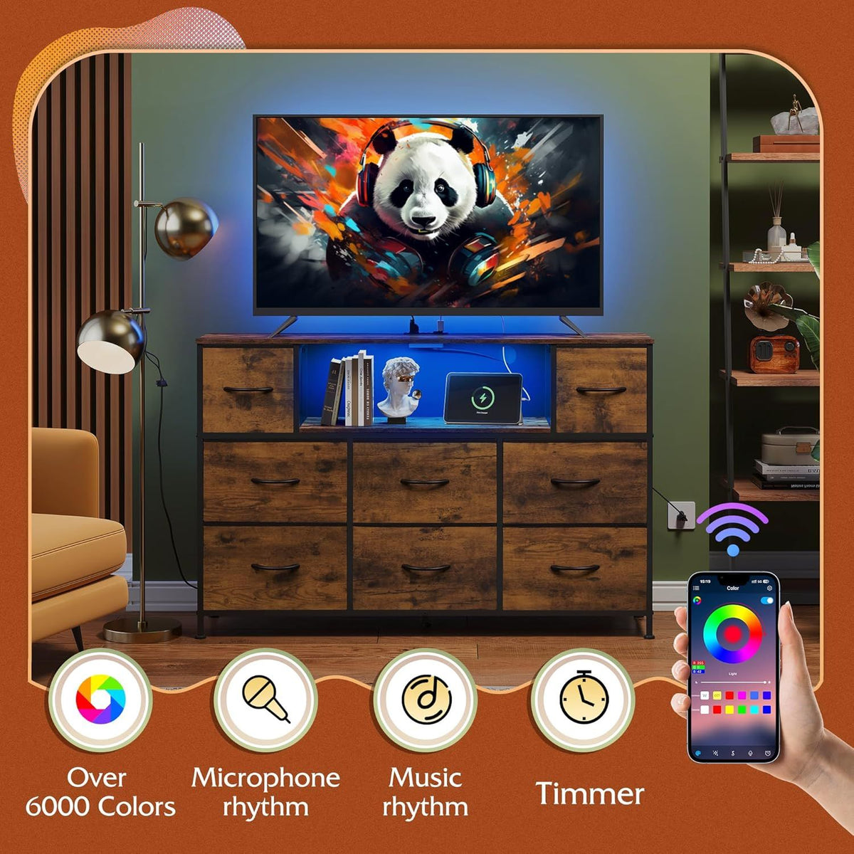 LED Entertainment Center with Charging and Drawer Storage
