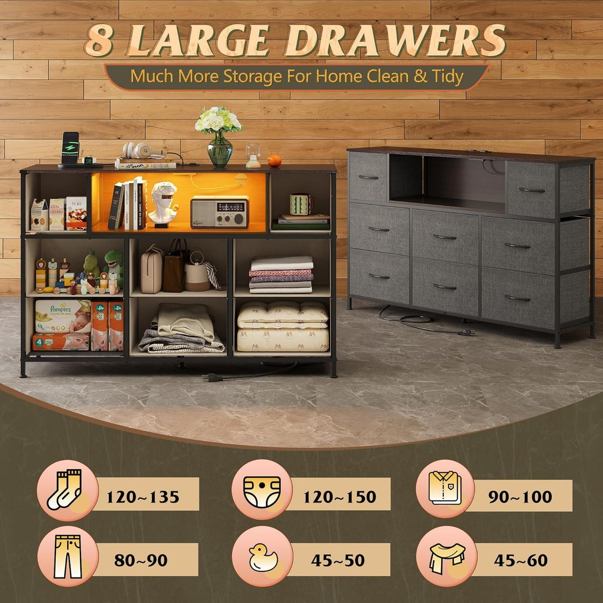 LED Entertainment Center with Charging and Drawer Storage
