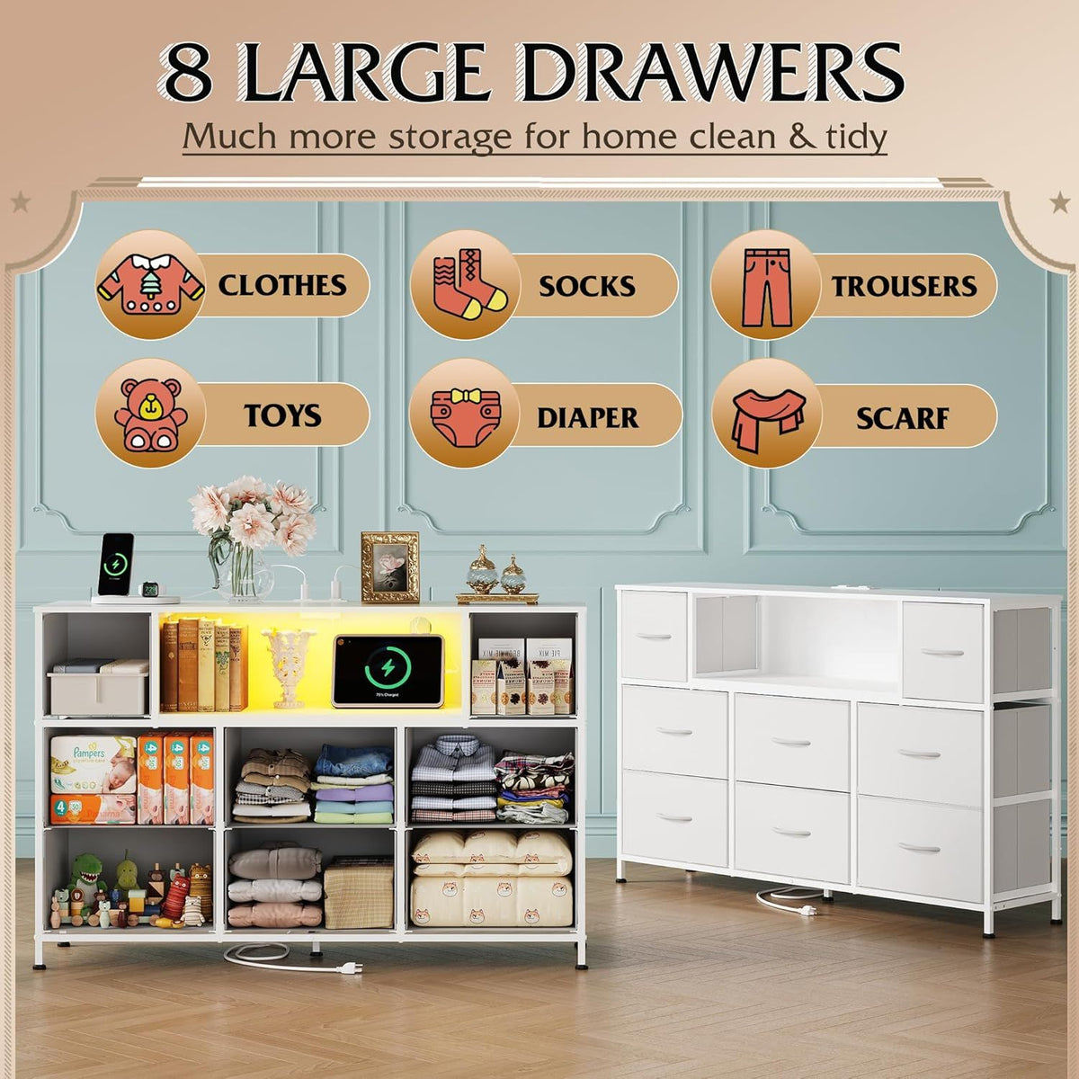 LED Entertainment Center with Charging and Drawer Storage