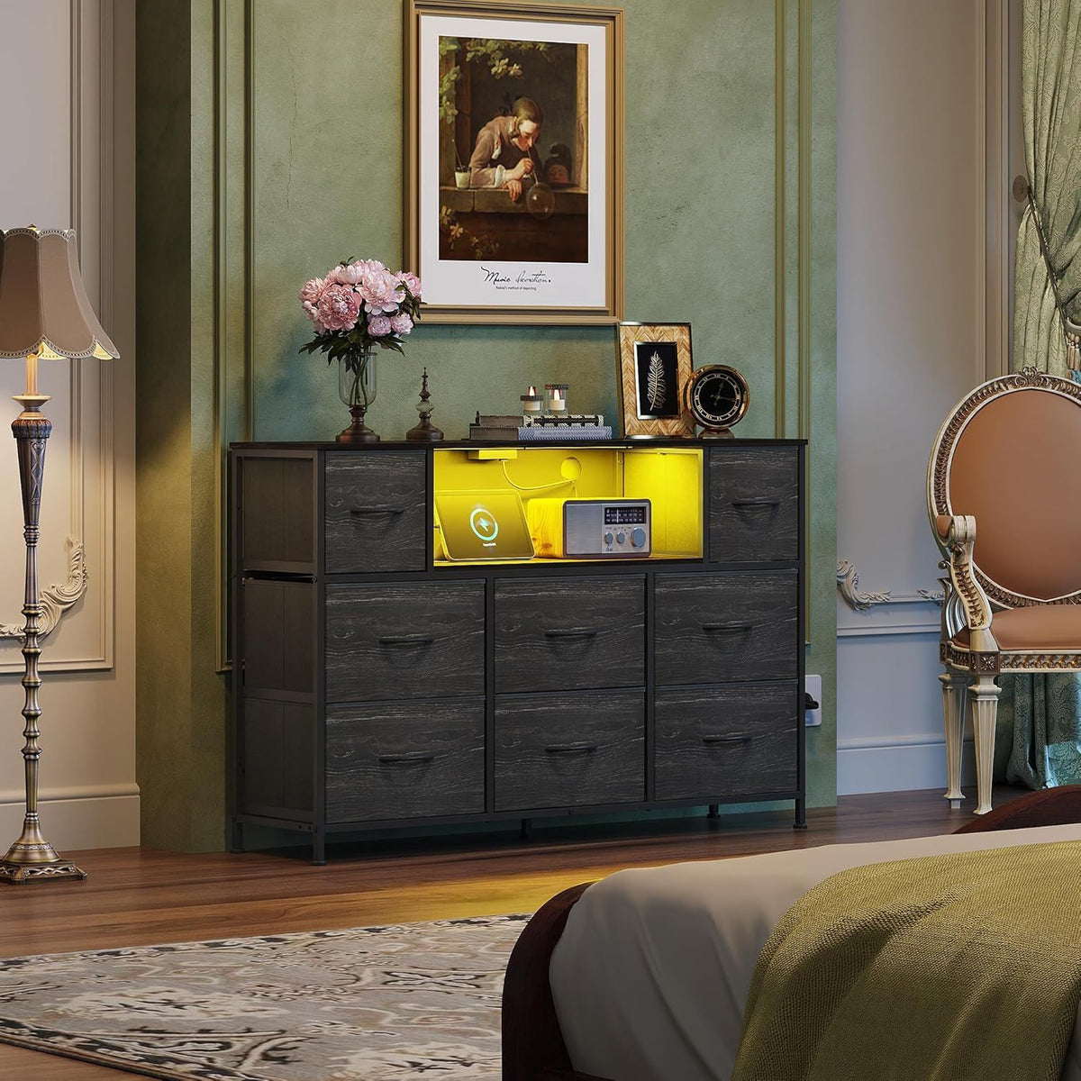 LED Entertainment Center with Charging and Drawer Storage