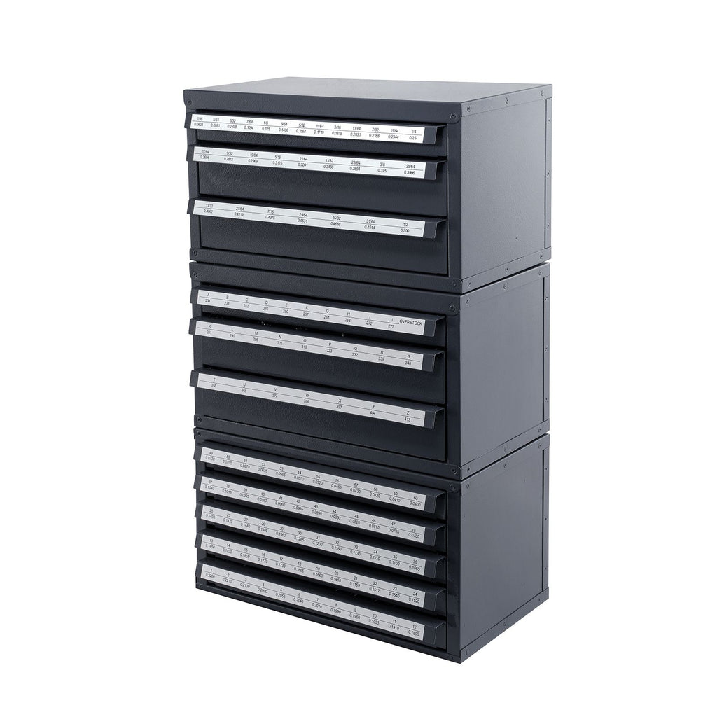 Drill Bit Dispenser Cabinet Set with Stackable Storage and Labeled Compartments