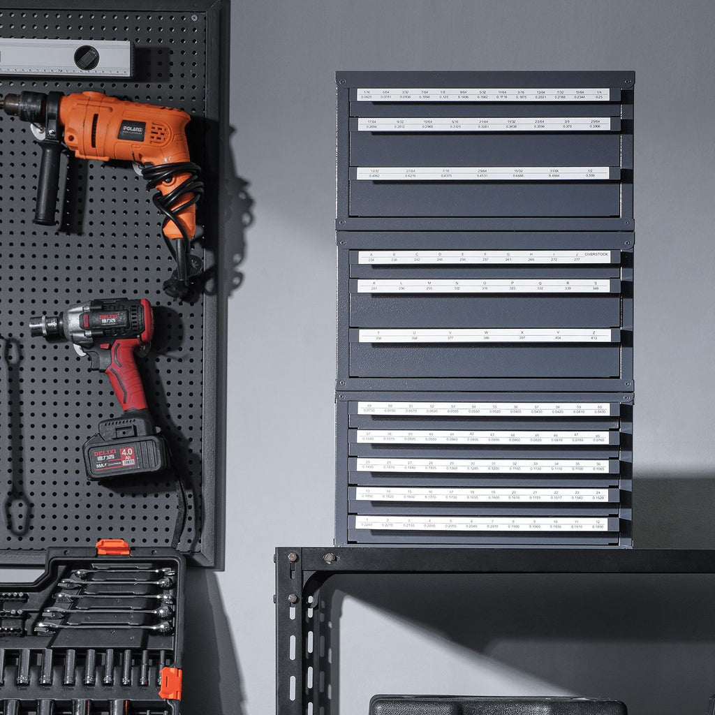 Drill Bit Dispenser Cabinet Set with Stackable Storage and Labeled Compartments