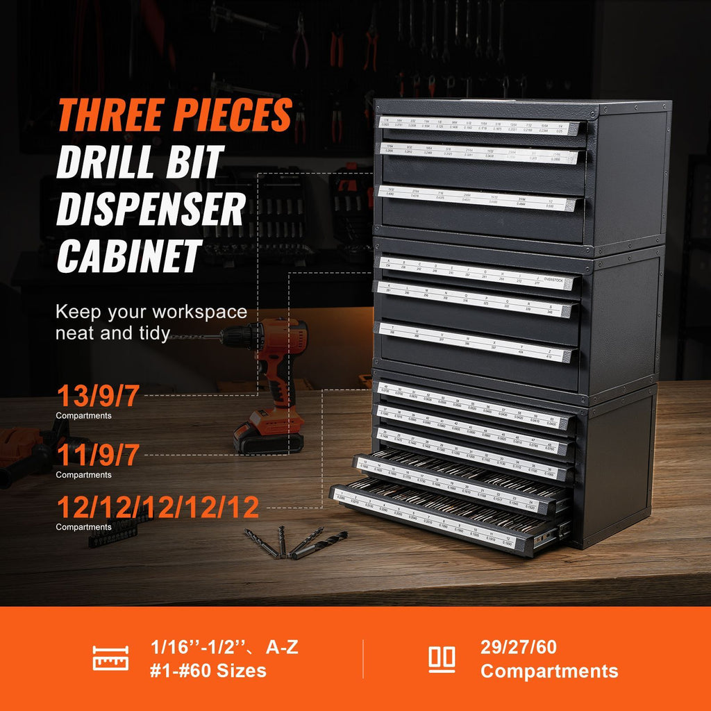 Drill Bit Dispenser Cabinet Set with Stackable Storage and Labeled Compartments