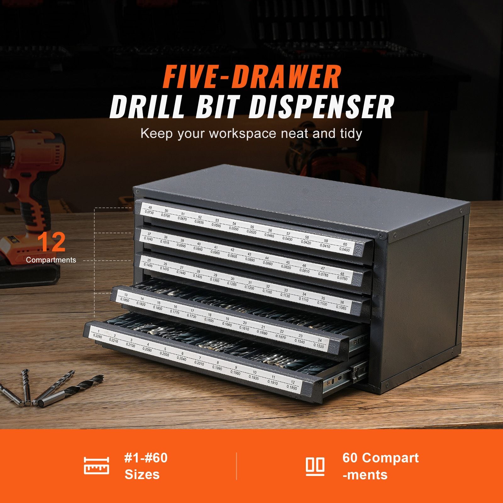Drill Bit Dispenser Cabinet, Five-Drawer Drill Bit Organizer Cabinet for #1 to #60 Steel Drill Dispe