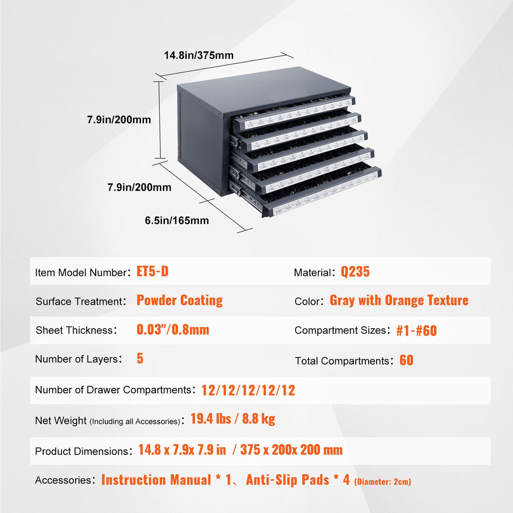 Drill Bit Dispenser Cabinet, Five-Drawer Drill Bit Organizer Cabinet for #1 to #60 Steel Drill Dispe