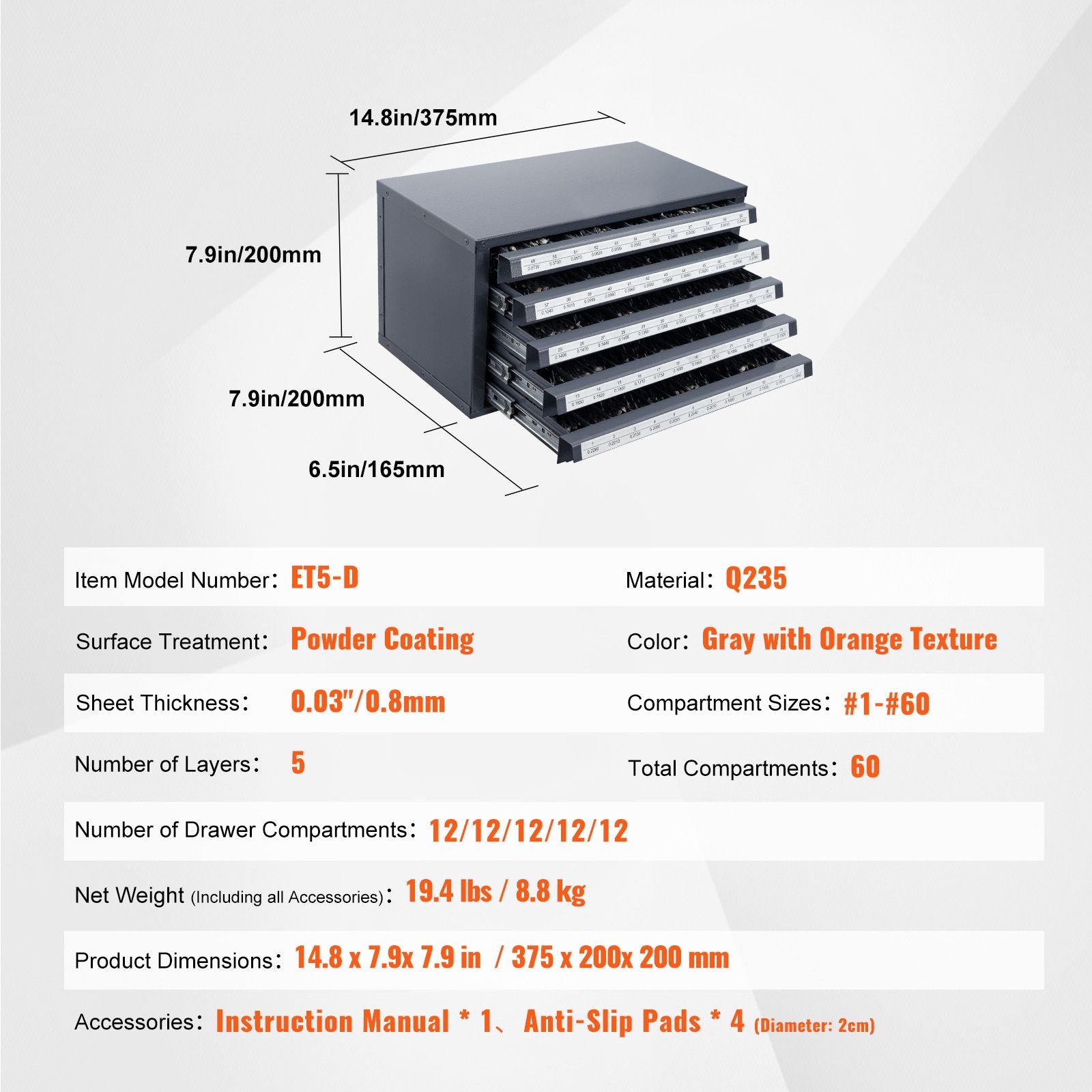 Drill Bit Dispenser Cabinet, Five-Drawer Drill Bit Organizer Cabinet for #1 to #60 Steel Drill Dispe