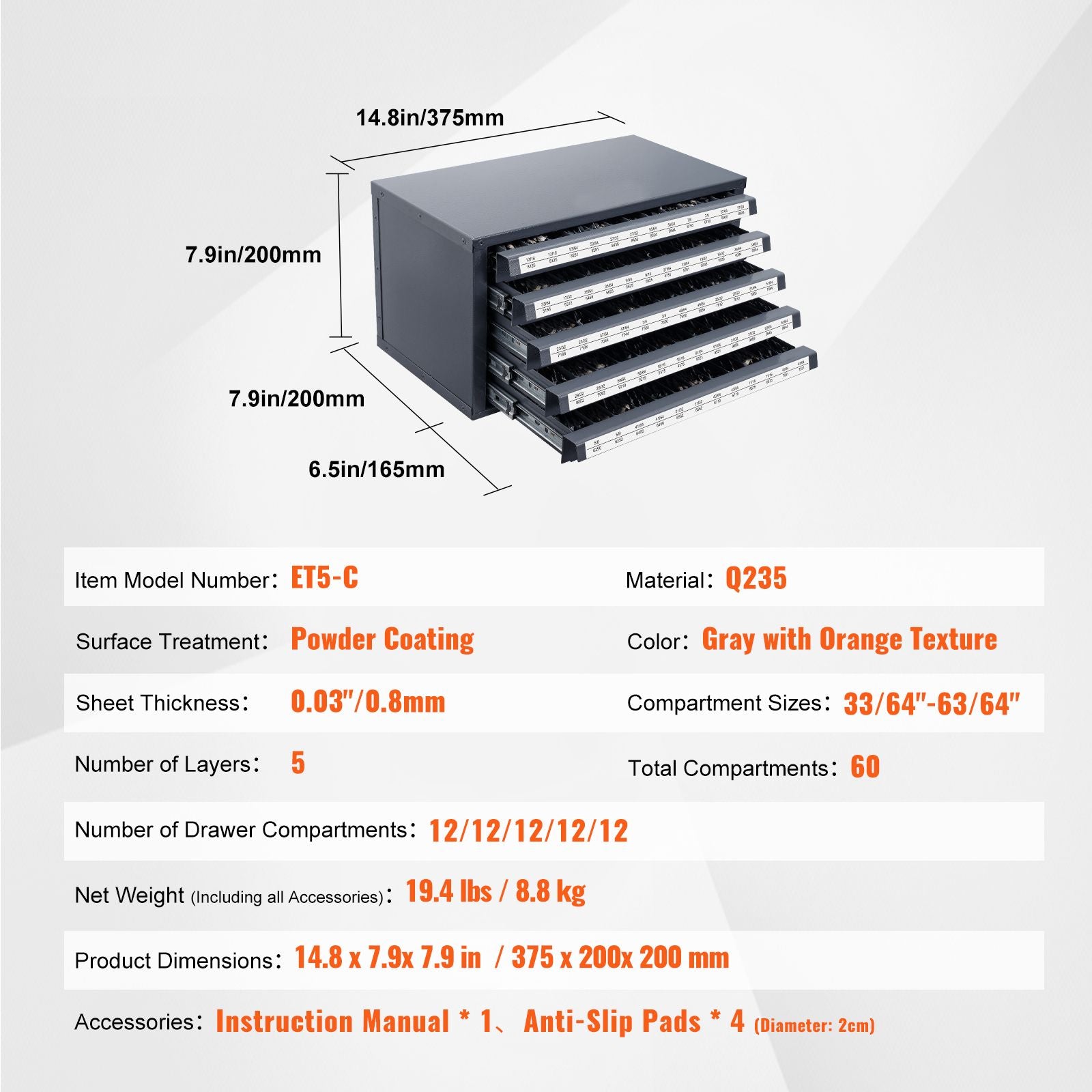 Efficient Five-Drawer Drill Bit Dispenser for 33/64" to 63/64" Bits
