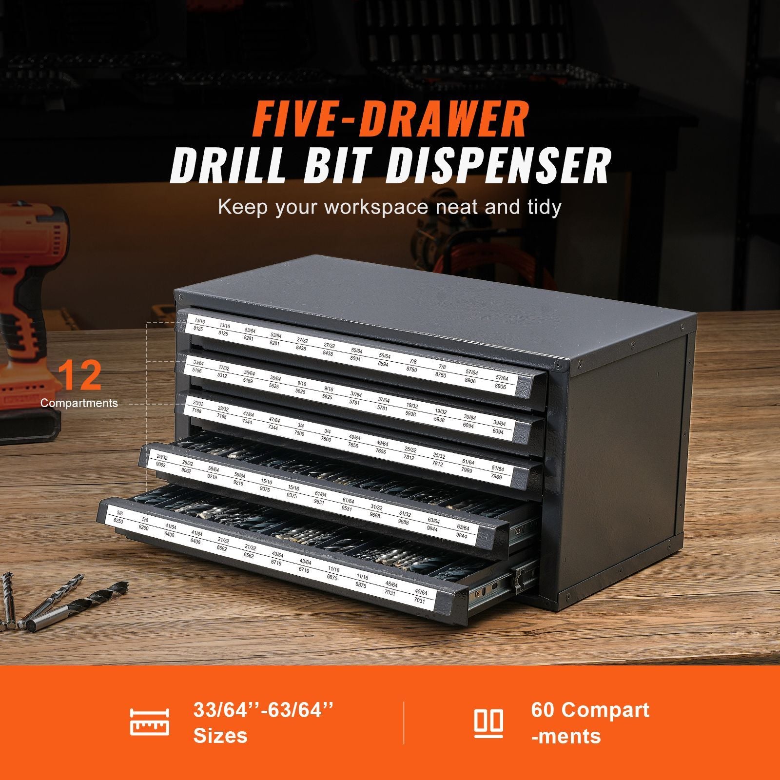 Efficient Five-Drawer Drill Bit Dispenser for 33/64" to 63/64" Bits