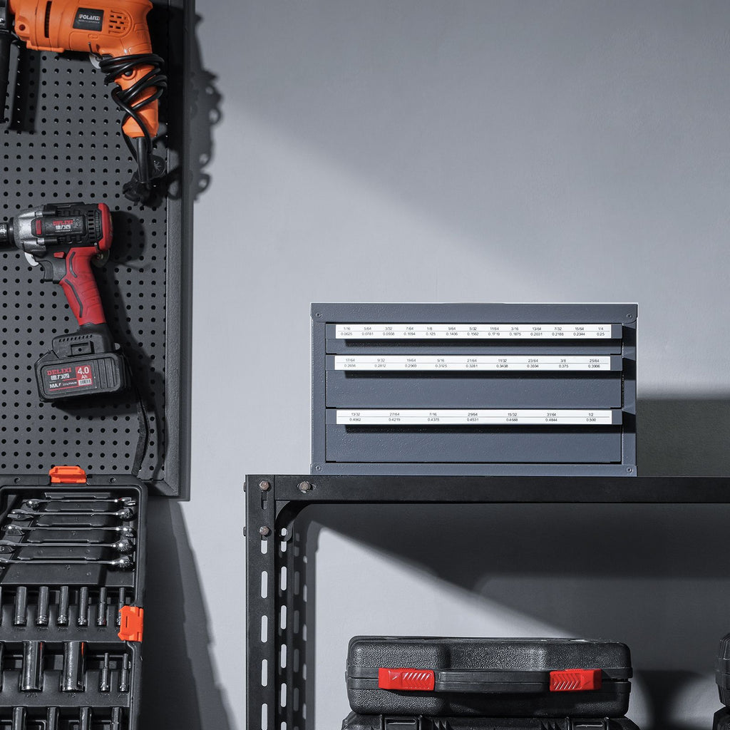 Three-Drawer Drill Bit Organizer Cabinet – Steel, Stackable, 29 Compartments