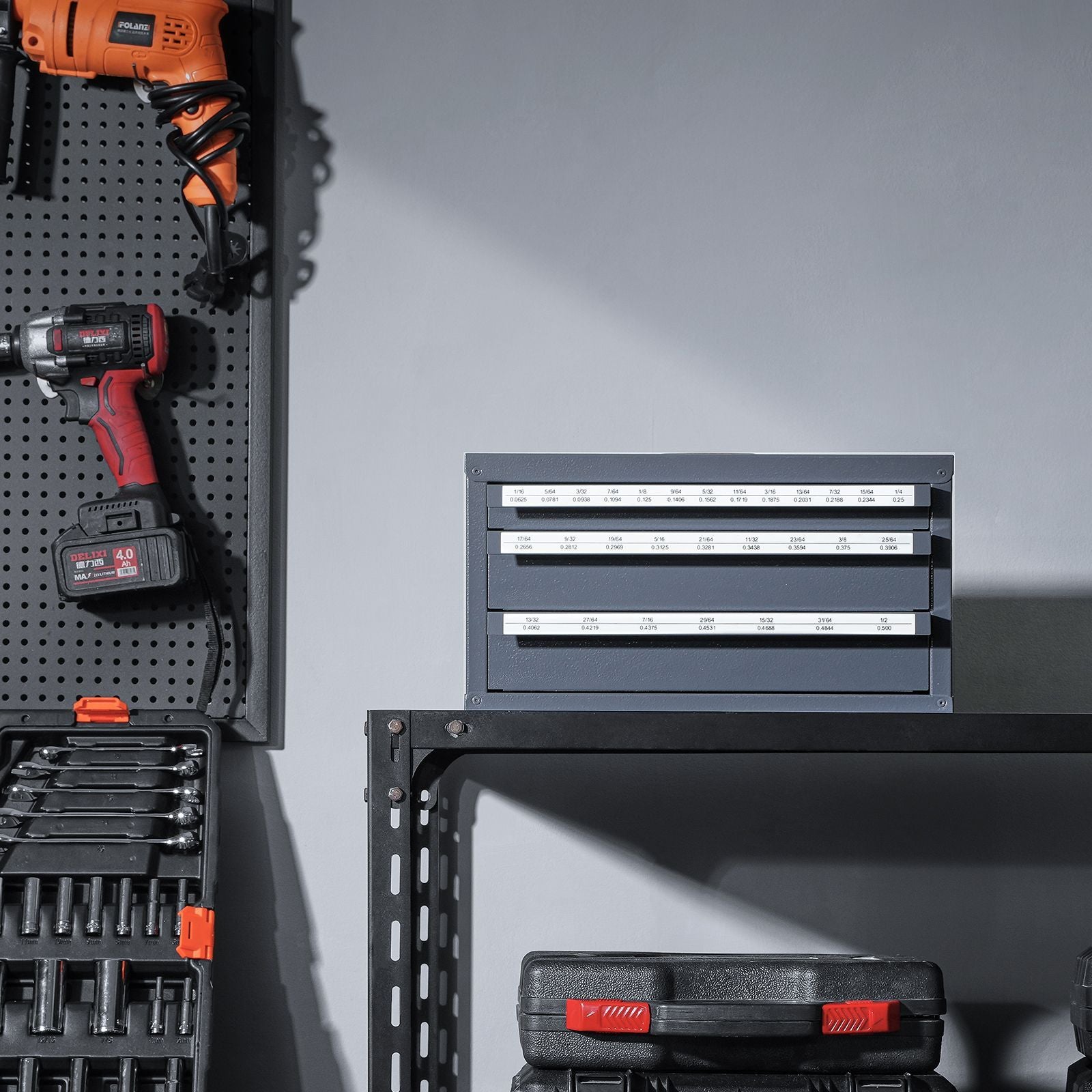 Three-Drawer Drill Bit Organizer Cabinet – Steel, Stackable, 29 Compartments