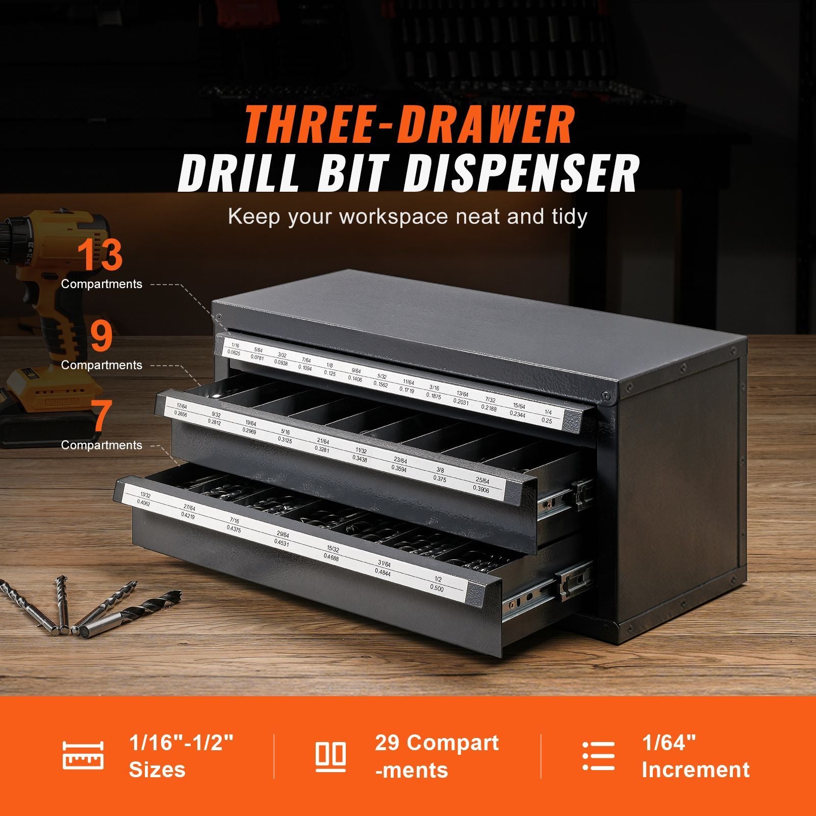 Three-Drawer Drill Bit Organizer Cabinet – Steel, Stackable, 29 Compartments