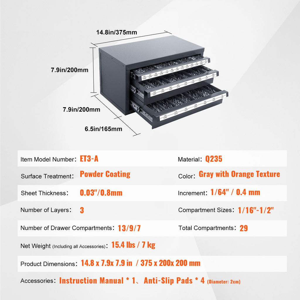 Three-Drawer Drill Bit Organizer Cabinet – Steel, Stackable, 29 Compartments