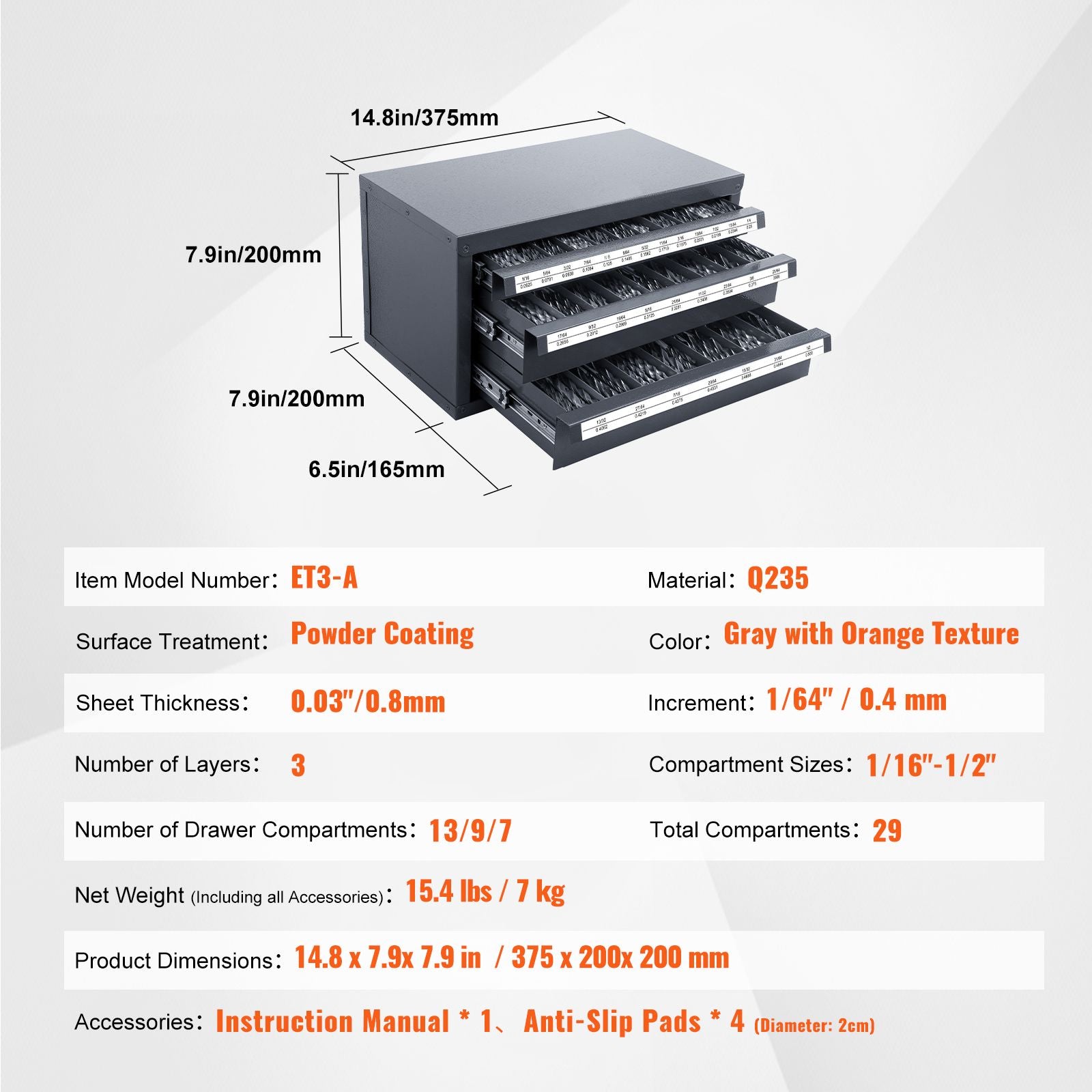 Three-Drawer Drill Bit Organizer Cabinet – Steel, Stackable, 29 Compartments