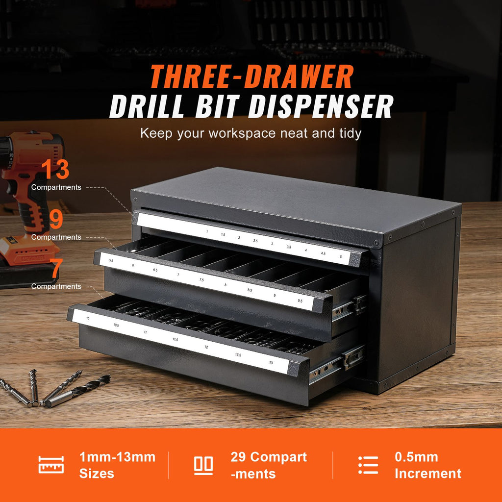 Three-Drawer Drill Bit Dispenser Cabinet with Labeled Compartments