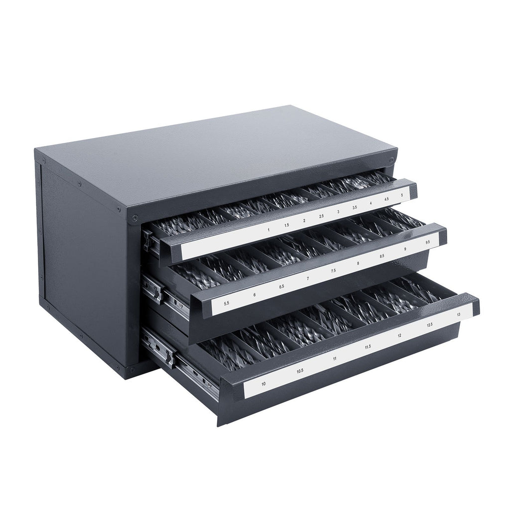 Three-Drawer Drill Bit Dispenser Cabinet with Labeled Compartments