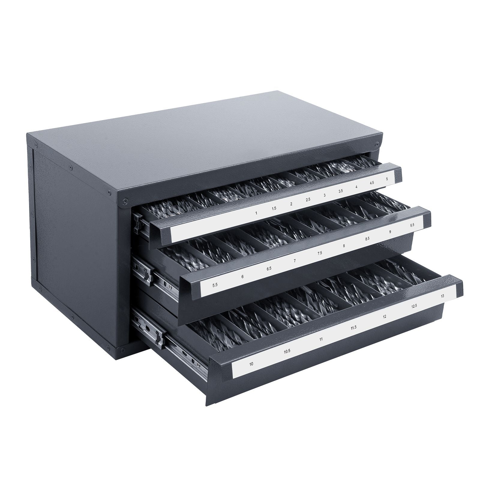 Three-Drawer Drill Bit Dispenser Cabinet with Labeled Compartments