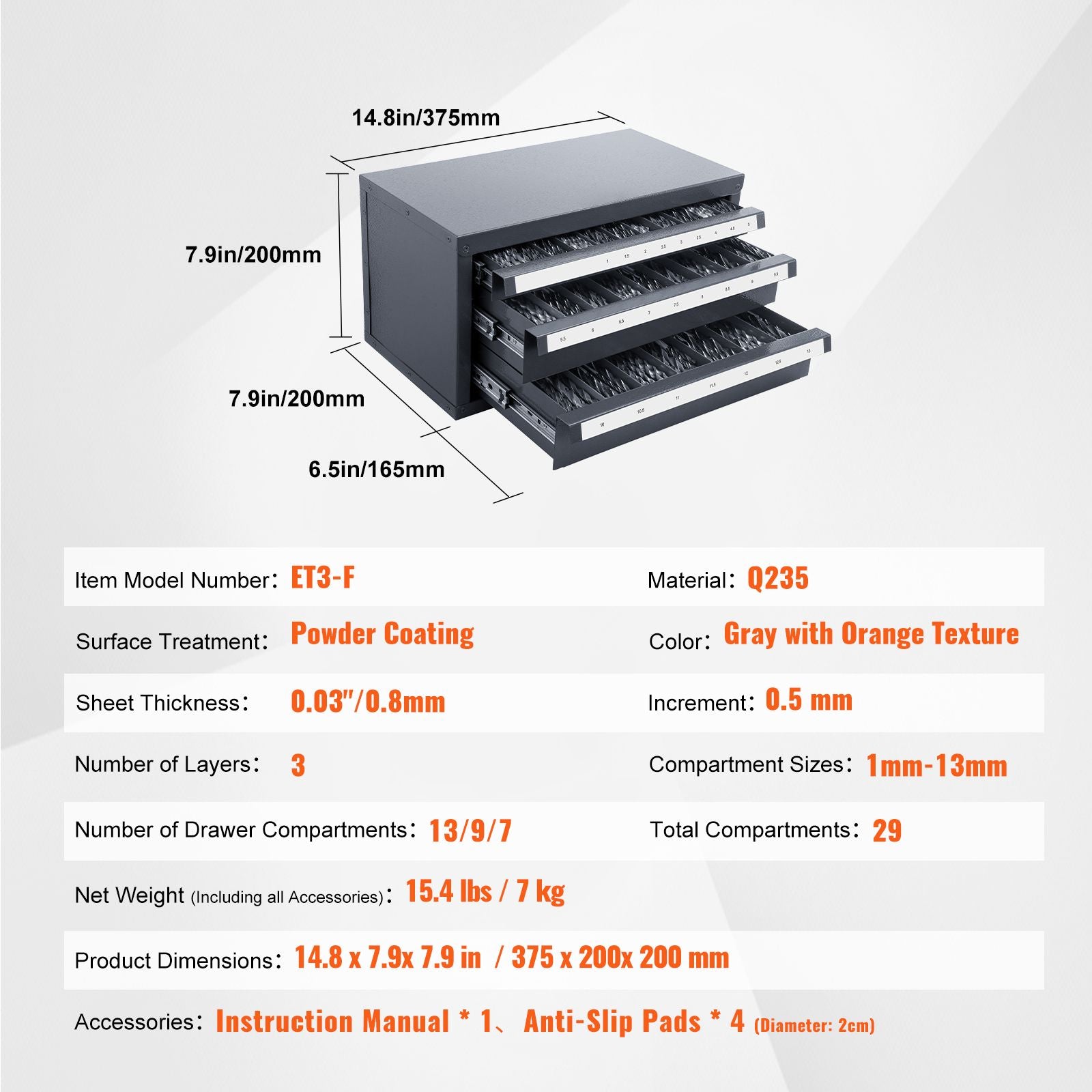 Three-Drawer Drill Bit Dispenser Cabinet with Labeled Compartments