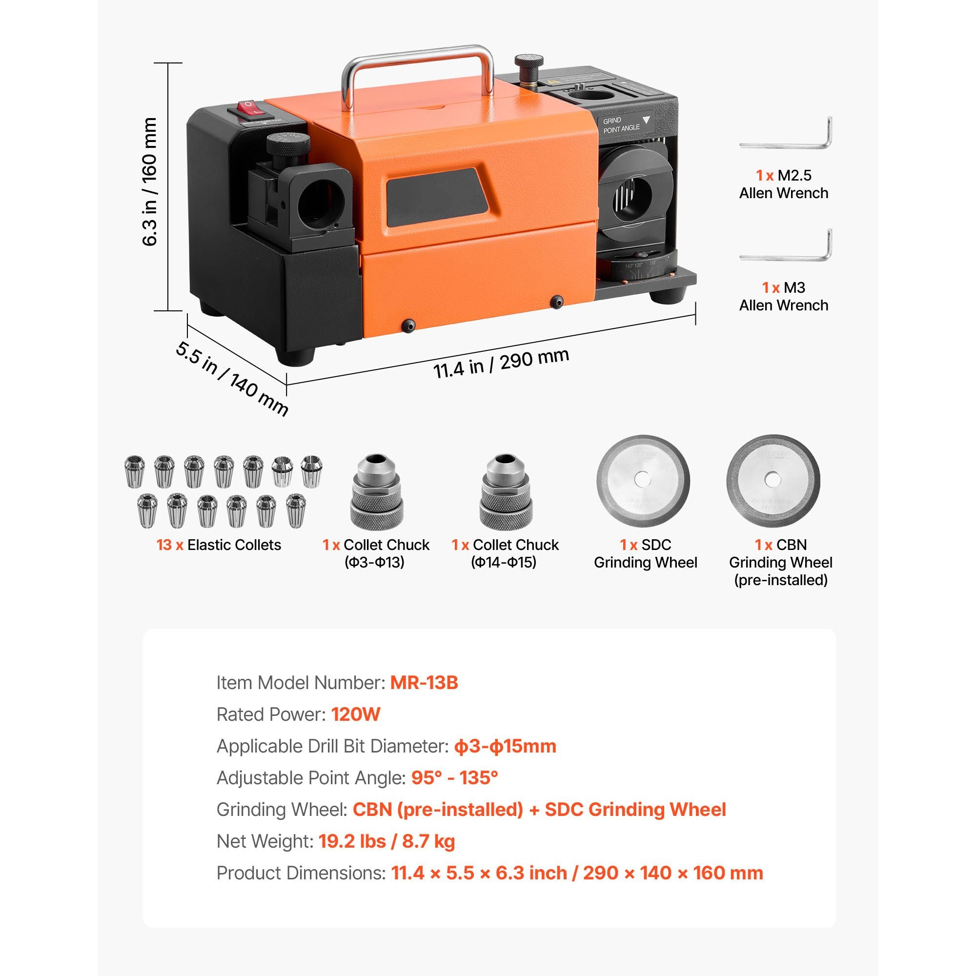 MR-13B+ Drill Bit Sharpener with Adjustable Point and Relief Angles