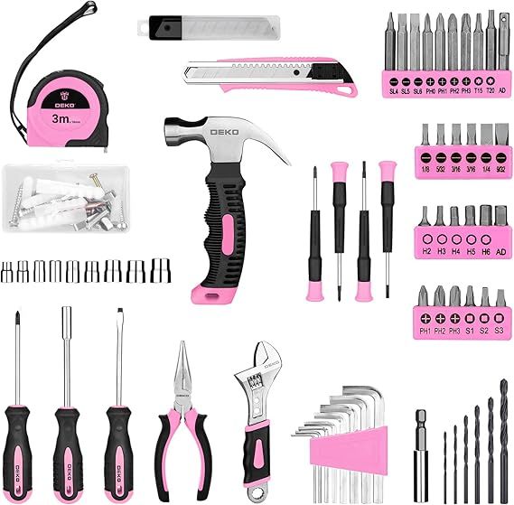 Pink Cordless Drill and Home Hand Tool Set