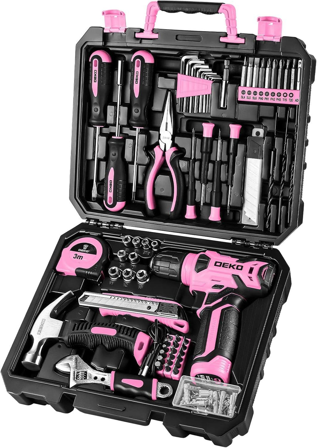 Pink Cordless Drill and Home Hand Tool Set