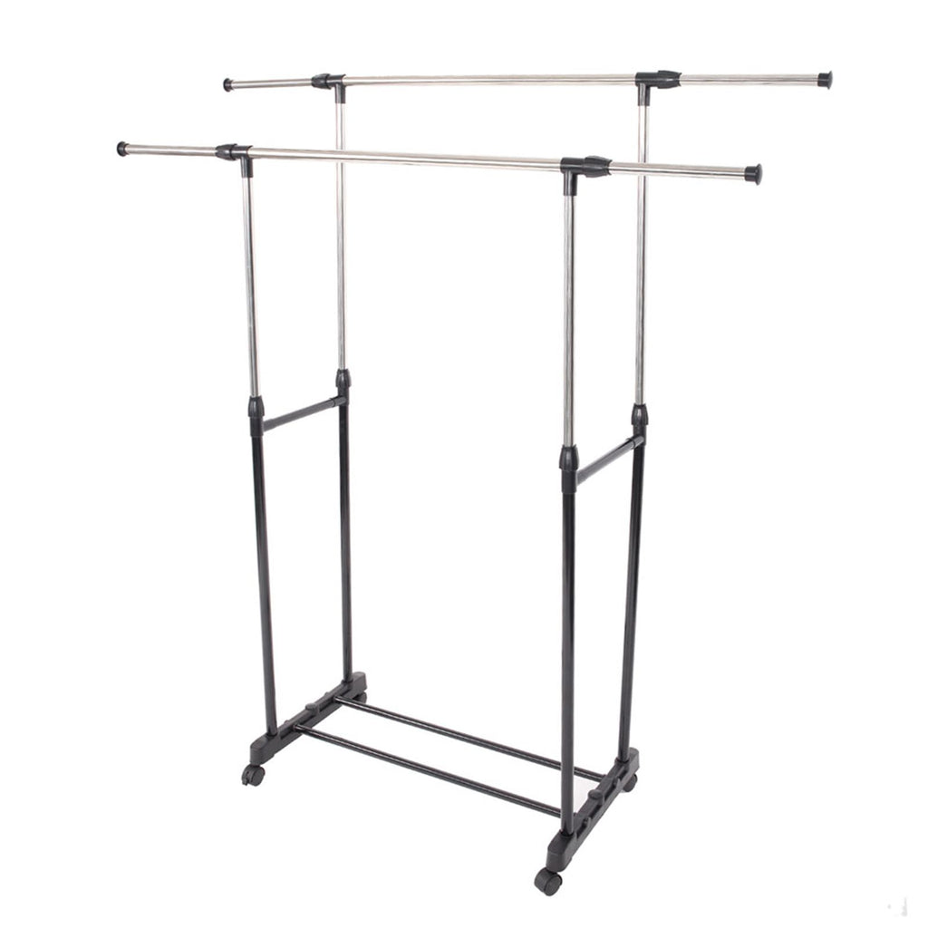 Dual-Bar Stretching Clothes Rack with Shoe Shelf – Space-Saving Design