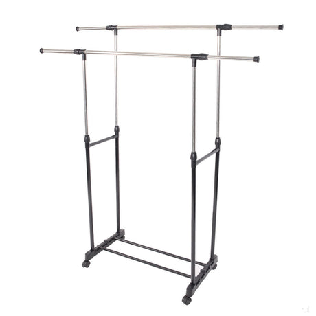 Dual-Bar Stretching Clothes Rack with Shoe Shelf – Space-Saving Design
