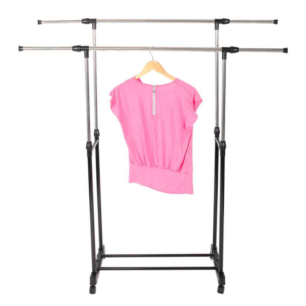 Dual-Bar Stretching Clothes Rack with Shoe Shelf – Space-Saving Design