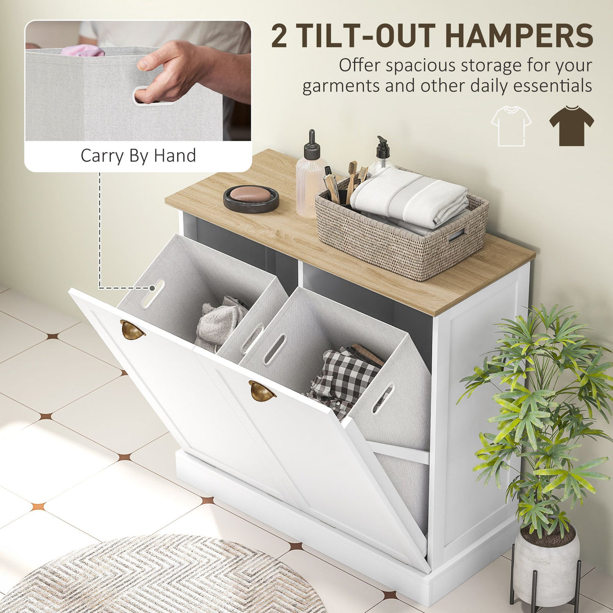 Dual Tilt-Out Laundry Hamper Cabinet with Removable Baskets – Modern Bathroom Storage