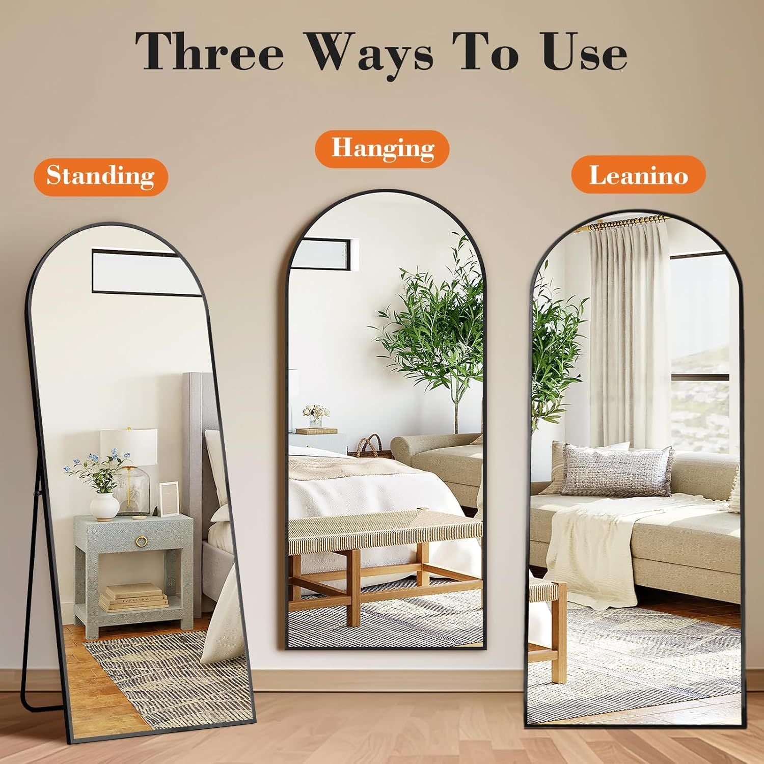 DUMOS Arched Full Length Floor Mirror with Stand,, Black, Nano Glass